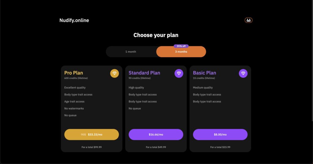 Nudify Onlineの有料プランの価格と機能