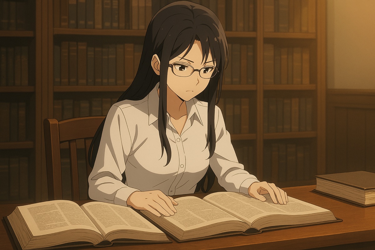 机に何冊もの規約書を広げて読み比べている人物のイラスト