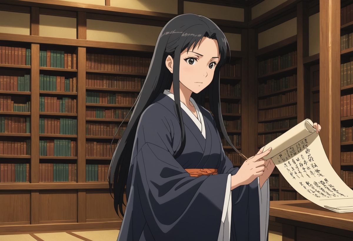 長い巻物を広げて読んでいる人物のイラスト