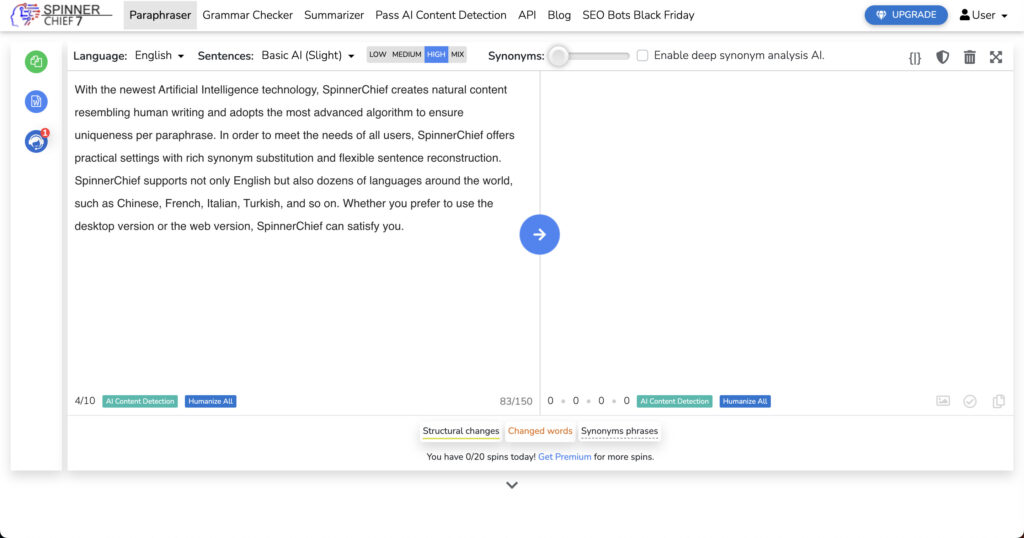 Spinner Chiefは、直感的な操作で文章のリライトが行える老舗のWebベースツールです。