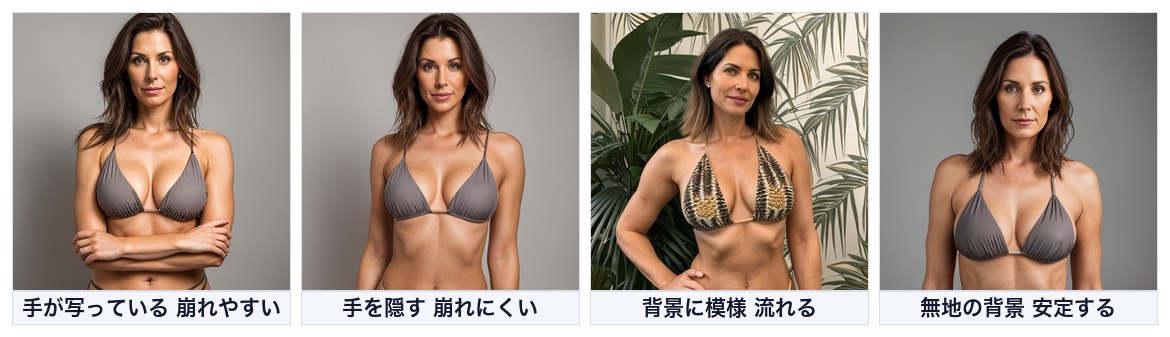 動かす前の画像で気をつける4点を並べた図。手が写っている画像と隠した画像、背景に模様がある画像と無地の画像