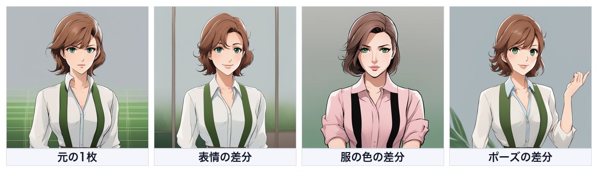 同じキャラクターの元絵と、表情差分・服の色差分・ポーズ差分を並べた図。見た目は同じキャラクターでも4枚として数えられる