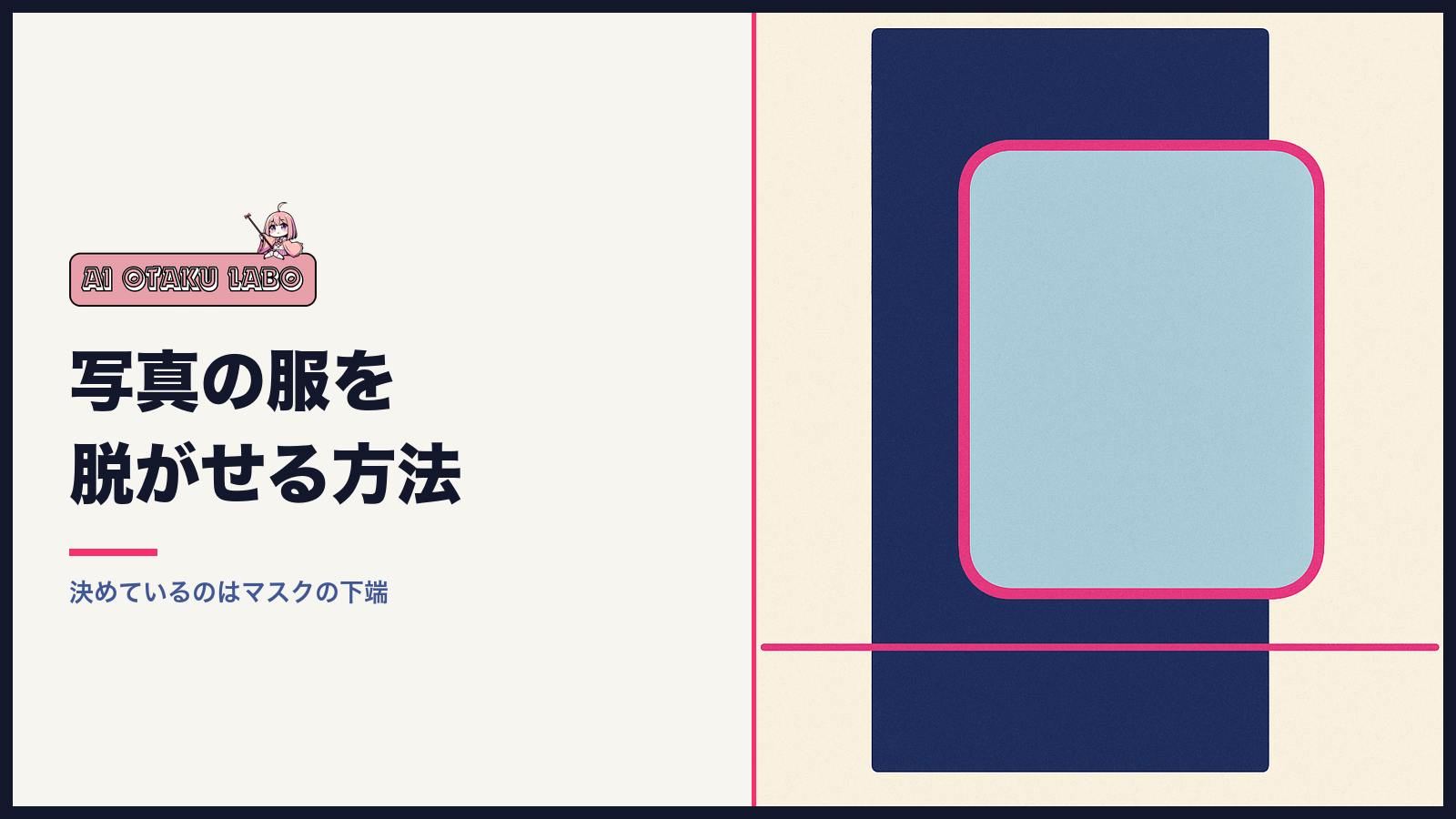 AIで写真の服を脱がせる方法の記事のアイキャッチ。写真の上に選択範囲が重なり、下端に線が引かれている図