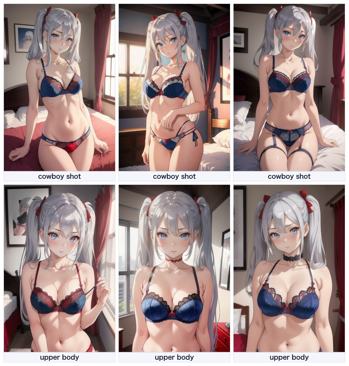 上段は手が写る構図で生成した3枚、下段は上半身だけの構図で生成した3枚。下段は3枚とも手が画面に入っていない