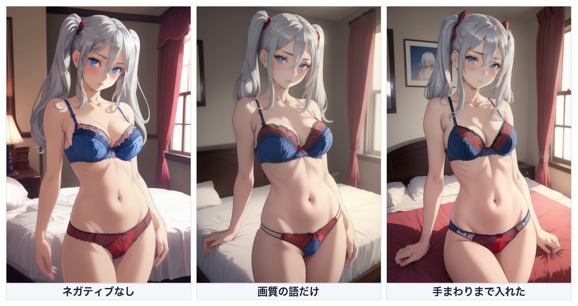 ネガティブプロンプトを、なし、画質の語だけ、手まわりの語まで入れたものの3通りで比較した画像