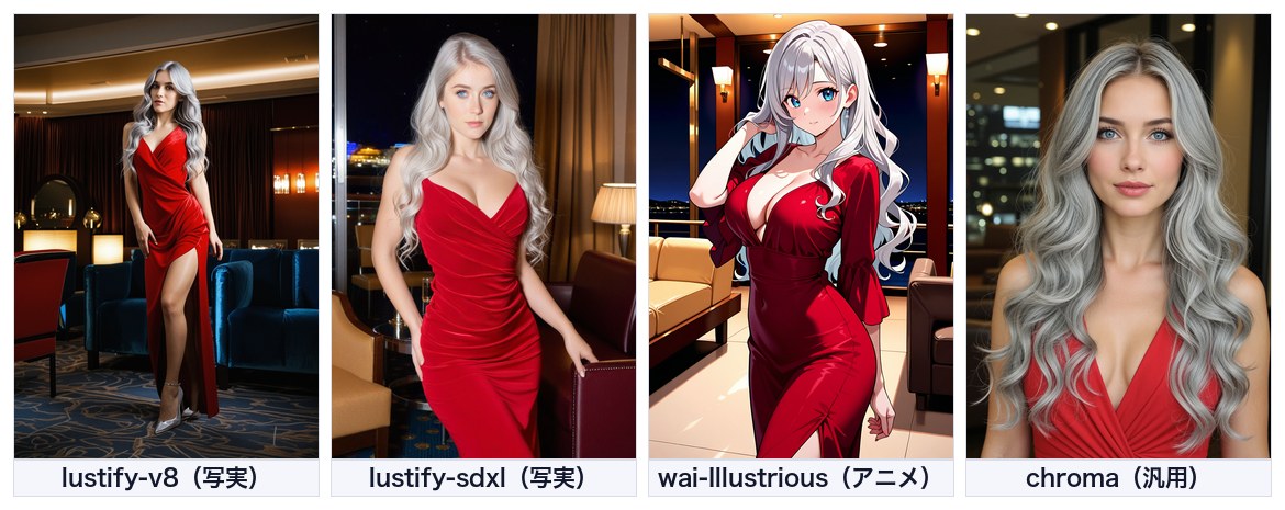 同じ文章と同じ乱数の種で4つのモデルに送った着衣の比較。写実系2つは実写に近く、アニメ系はイラスト、汎用は中間の絵柄になっている