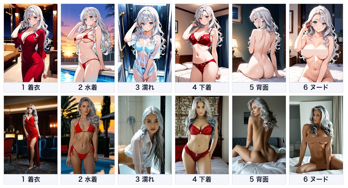 露出の度合いを6段に分けて2つのモデルで出した12枚の比較。着衣、水着、濡れた服、下着、背面、ヌードの順に並んでいて、すべての段で生成できている