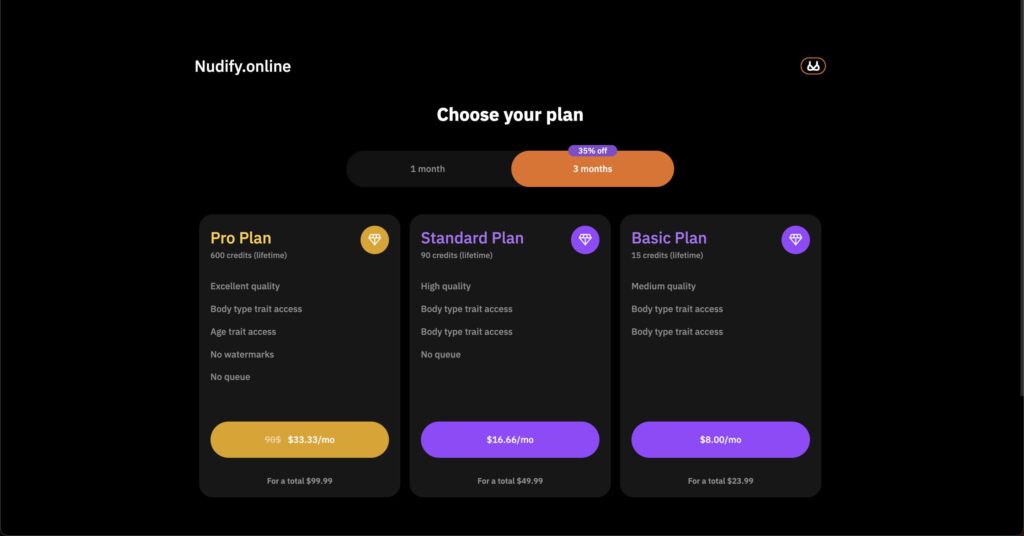 Nudify Online 的付費計劃價格與方案